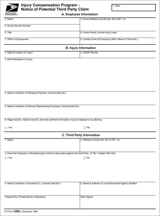 Sample PS Form 2562, page 1.