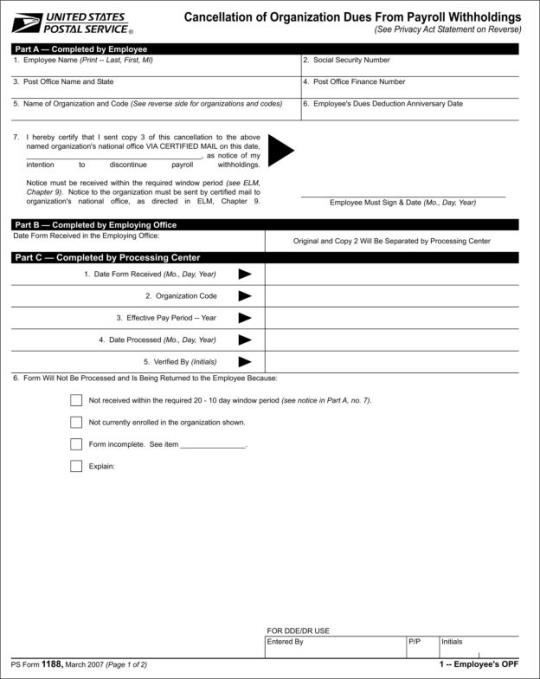 Exhibit 925.1, PS Form 1188, Cancellation of Organization Dues From Payroll Withholdings.