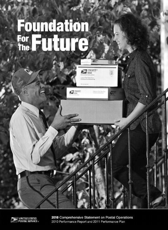 cover photograph of customer and carrrier exchanging priority mail boxes in a residential setting