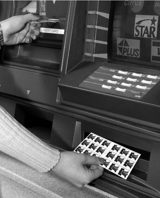 customer purchasing stamps with a debit card from an ATM